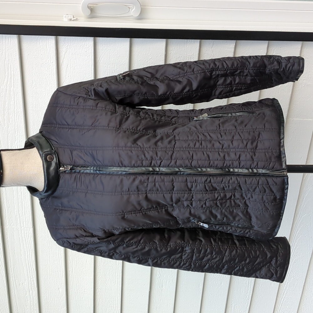 Eivissa Faux Leather Trim Quilted Jacket With Mock Neck Collar
